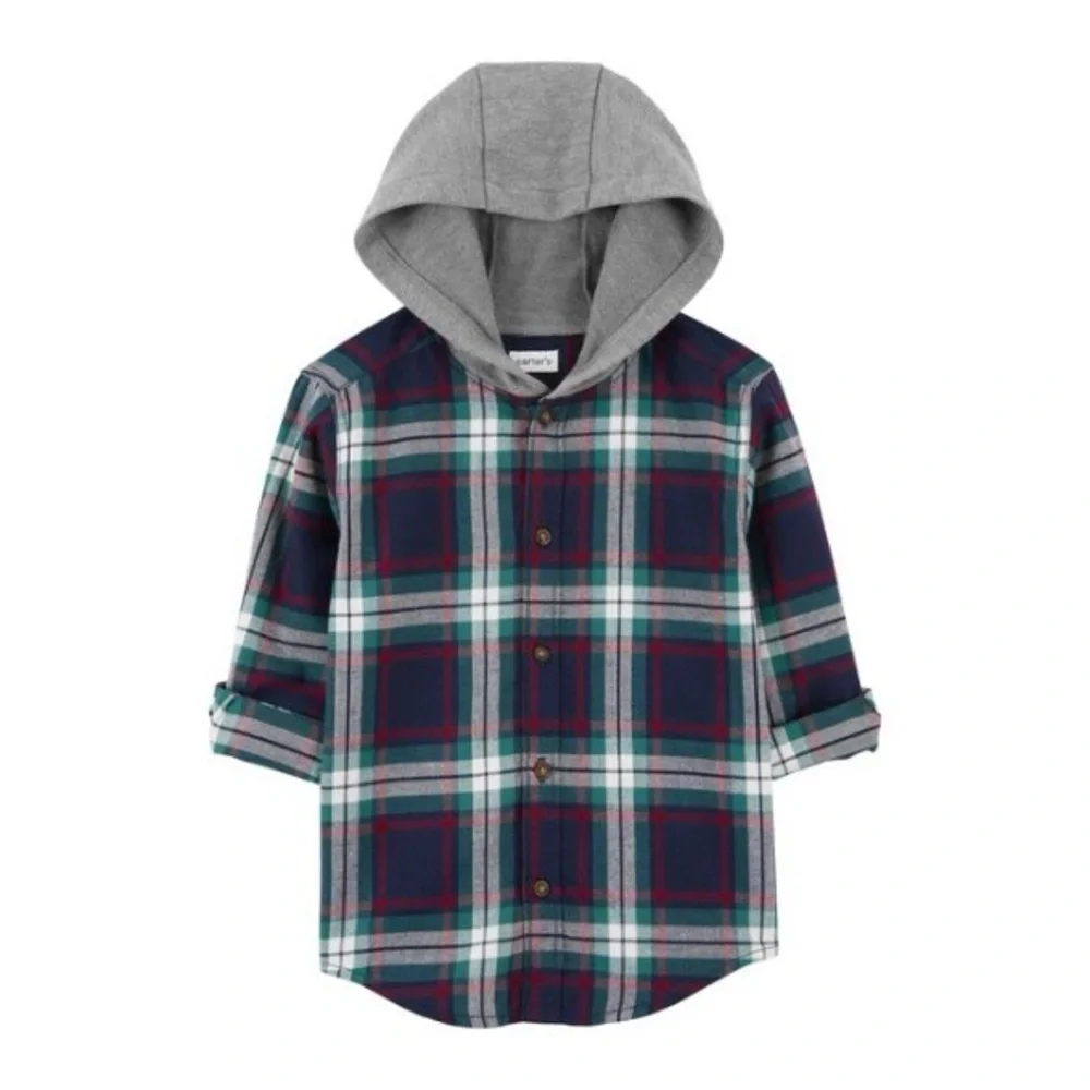 Carters Navy Blue & Gray Hooded Flannel Button Down Shirt Boys Size 8